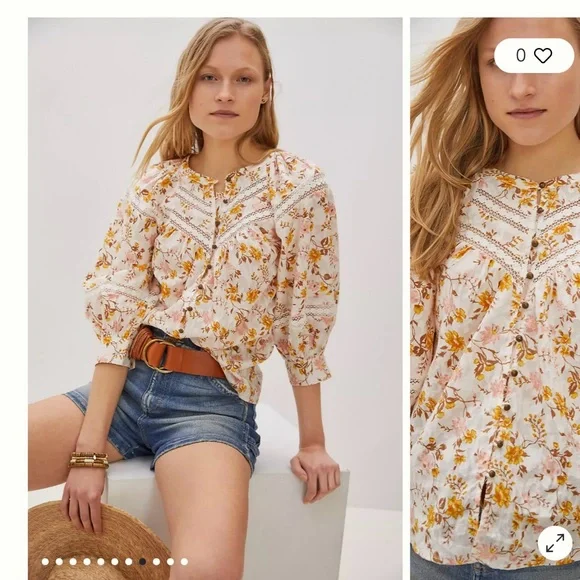 Anthropologie Cream Bib Collar Ruffled Blouse - Picture 4 of 4